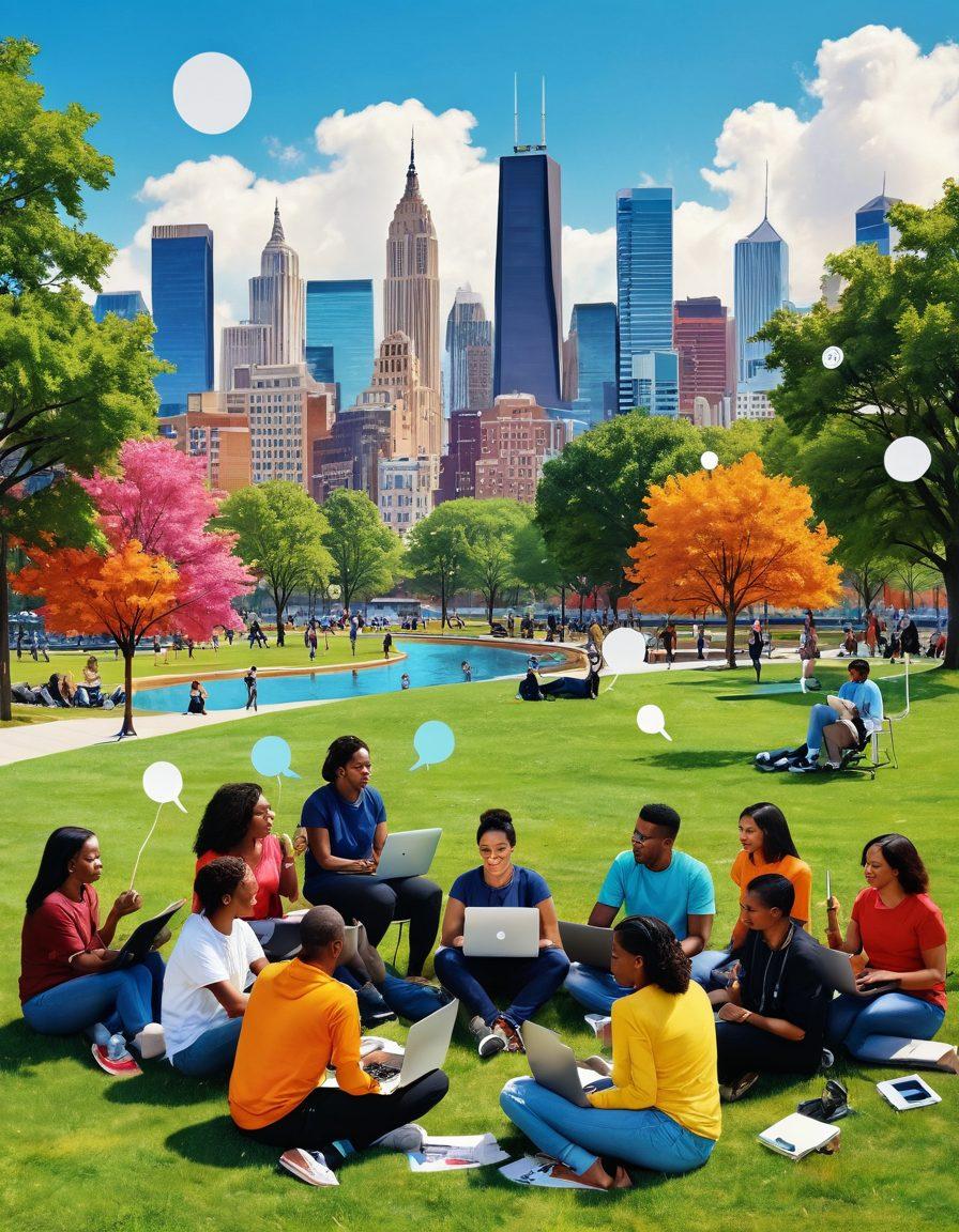 A vibrant community scene featuring diverse individuals engaging in digital content creation, with laptops and cameras in a park setting. Include artistic representations of articles transforming into advocacy symbols, like megaphones and speech bubbles. Bright colors should showcase collaboration and creativity. Emphasize a sense of empowerment and unity, with a skyline in the background symbolizing growth. super-realistic. vibrant colors. community feel.