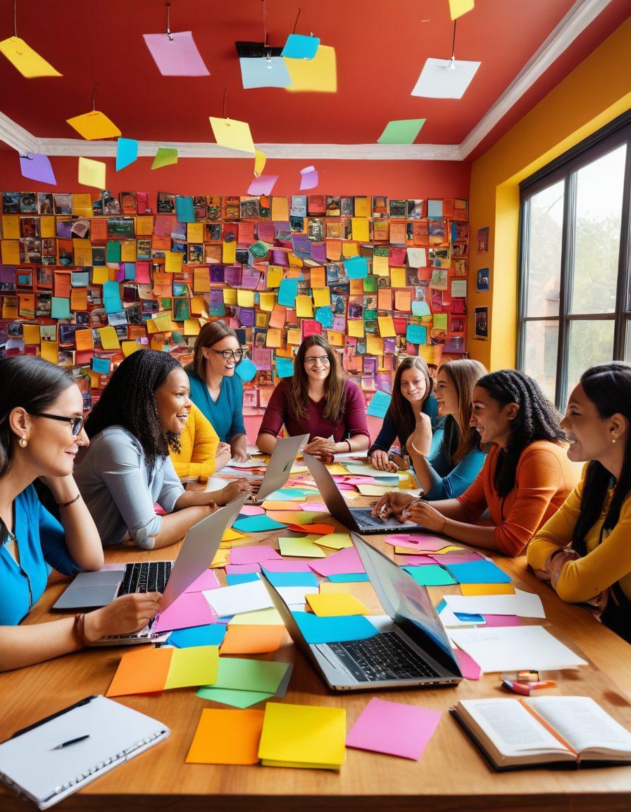 A diverse group of educators passionately discussing ideas around a large table filled with laptops, notebooks, and colorful sticky notes. In the background, a vibrant mural depicting various educational symbols like books, graduation caps, and microphones. The warm atmosphere highlights collaboration and empowerment in blogging and education. super-realistic. vibrant colors. 3D.