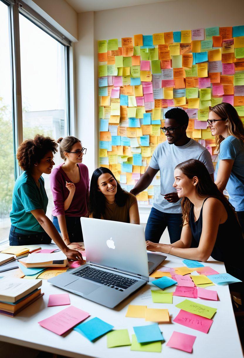 A vibrant scene depicting a diverse group of passionate individuals gathered around a large, open laptop, collaboratively crafting a story. The room is filled with colorful sticky notes and inspirational quotes on the walls, symbolizing creativity and communication. Sunlight streams in through a window, illuminating their focused expressions. In the background, an array of books about non-profits and storytelling can be seen. super-realistic. vibrant colors. white background.
